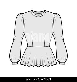 Schößchen Bluse technische Mode Illustration mit Bouffant lange Ärmel, U-Ausschnitt, figurumspielend Body. Flatshirt Bekleidung top Schablone vorne, grau. Frauen, Männer Unisex CAD mockup Stock Vektor