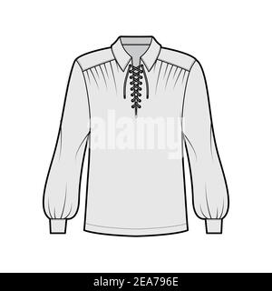 Pirat Bluse technische Mode-Illustration mit bouffant lange Ärmel, Dichter Schnürsenkel Kragen, überdimensioniert, Tunika Länge. Flatwear top Schablone vorne, grau. Frauen, Männer Unisex CAD mockup Stock Vektor