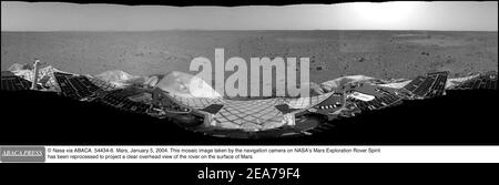 © NASA via ABACA. 54434-6. Mars, 5. Januar 2004. Dieses Mosaikbild, das die Navigationskamera auf dem Mars Exploration Rover Spirit der NASA aufgenommen hat, wurde überarbeitet, um eine klare Draufsicht des Rover auf der Oberfläche des Mars zu projizieren. Stockfoto