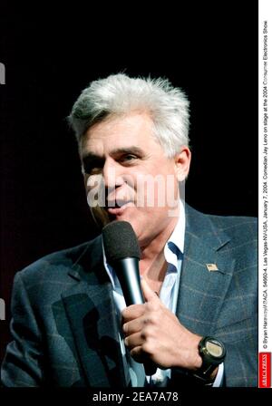 © Bryan Haraway/ABACA. 54660-4. Las Vegas-NV-USA, 7. Januar 2004. Komiker Jay Leno auf der Bühne der Consumer Electronics Show 2004. Stockfoto