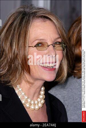 Schauspielerin Diane Keaton kommt bei der National Board of Review of Motion Pictures Annual Awards Gala 2004 an, die am Dienstag, den 13. Januar 2004 in Tavern on the Green in New York stattfand. (Im Bild: Diane Keaton). Foto von Nicolas Khayat/ABACA. Stockfoto