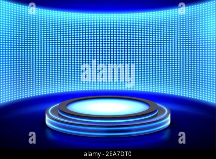 Neon Podium, leere Bühne bei LED-Video-Wand-Bildschirm, Sockel für Produktpräsentation oder Modenschau Performance, Tanzfläche, leuchtend beleuchtet blau runde Szene, realistische 3D Vektor-Illustration