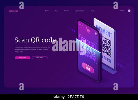 Scan QR Code Verification Service isometrische Landing Page, maschinenlesbarer Barcode auf Smartphone-Bildschirm. Mobile App für Internet-Geschäft, Informationen, bargeldlose Online-Zahlung 3D Vektor-Web-Banner Stock Vektor