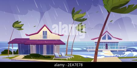 Seesturm mit Regen und Tornado am tropischen Strand mit Bungalows und Palmen. Vektor-Cartoon-Landschaft des stürmischen Ozeans mit Wellen, Villen an der Küste, Wind, Hurrikan Stock Vektor