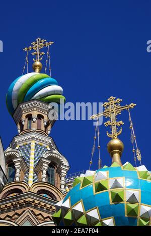 Zwiebelkuppen und Kreuze, die Kirche der Auferstehung Christi, der Erlöser auf dem vergossenen Blut, UNESCO-Weltkulturerbe, St. Petersburg, Russi Stockfoto