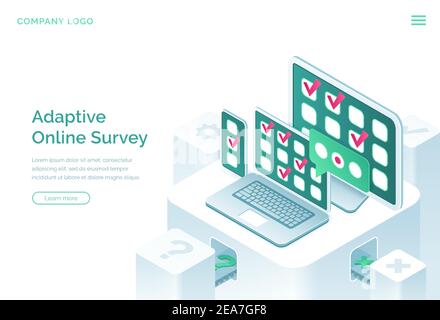 Adaptive Online-Umfrage isometrische Landing Page. Checkliste Fragebogen Formular mit Prüfzeichen auf digitalen Geräten Handy, Laptop und pc-Bildschirme, Quiz, Kunden-Feedback, Prüfung 3D Vektor-Web-Banner Stock Vektor