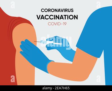 Covid-19 Impfvektor Illustration. Arzt Injektion zu Arm. Hand des medizinischen Personals, das Coronavirus covid-19 Impfstoff in Impfstoff syri injiziert Stock Vektor