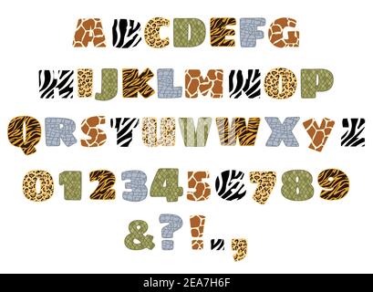 Handgezeichnetes Alphabet Buchstaben und Zahlen mit Dschungel Tiere Hautmuster gesetzt. Vektorgrafik Stock Vektor