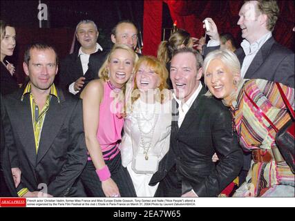 Der französische Schauspieler Christian Vadim, die ehemalige Miss France und Miss Europe Elodie Gossuin und Tony Gomez nehmen an der vom Pariser Filmfestival organisierten Party im Club L'Etoile in Paris-Frankreich am 31. März 2004 Teil. Foto von Laurent Zabulon/ABACA. Stockfoto