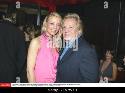 Die ehemalige Miss France und Miss Europe Elodie Gossuin und Massimo Gargia nehmen an der vom Pariser Filmfestival organisierten Party im Club L'Etoile in Paris-Frankreich am 31. März 2004 Teil. Foto von Laurent Zabulon/ABACA. Stockfoto