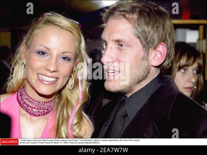 Die ehemalige Miss Frankreich und Miss Europa Elodie Gossuin und Olivier (der Bachelor) nehmen an der vom Pariser Filmfestival organisierten Party im Club L'Etoile in Paris-Frankreich am 31. März 2004 Teil. Foto von Laurent Zabulon/ABACA. Stockfoto