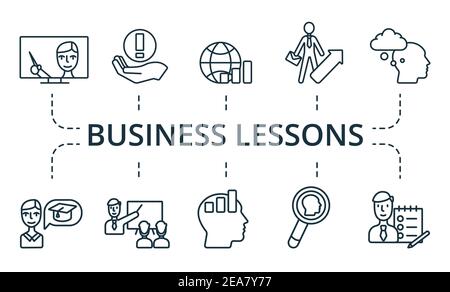 Business Lessons Icon Set. Sammlung enthalten Pack von Pixel perfekte kreative Symbole. Elemente für Business Lessons festgelegt. Stock Vektor