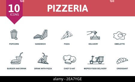 Pizzeria Icon Set. Sammlung enthalten Donuts, Omelette, Popcorn, Sandwich, Pizza und über Symbole. Pizzeria Elemente Set. Stock Vektor