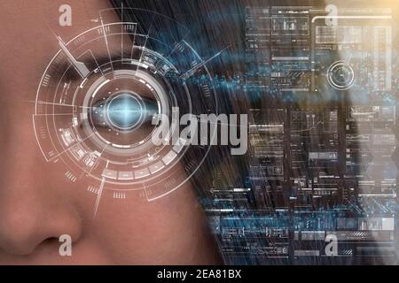 Asiatische Frauen futuristische Vision, digitale Technologie Bildschirm über dem Auge Vision Hintergrund, Sicherheit und Befehl in den Zugängen. Überwachung und Stockfoto
