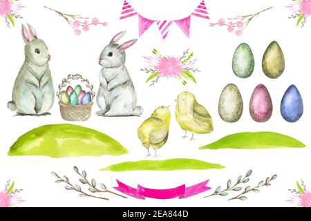 Aquarell Easter Bunny Cliparts. Handbemalte bunte Eier, Hühner, Kaninchentiere und Cliparts mit Blumendekor. Stockfoto