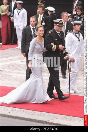 Prinz Laurent von Belgien und Prinzessin Claire kommen in der Kathedrale unserer Lieben Frau von Kopenhagen zur Hochzeit von Kronprinz Frederik von Dänemark und der australischen Bürgerin Mary Elisabeth Donaldson am Freitag, 14. Mai 2004. Foto von Hounsfield-Klein-Zabulon/ABACA Stockfoto