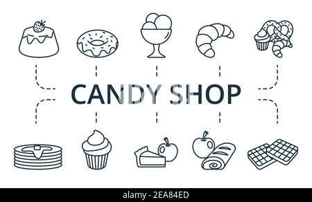 Candy Shop Icon Set. Sammlung enthalten Apfel, Strudel, Pfannkuchen, Ofen, Sack, Bäckerei und über Symbole. Candy Shop Elemente Set. Stock Vektor