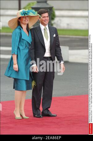 Alexia von Griechenland und ihr Ehemann Carlos Morales kommen am samstag, den 22. Mai 2004 zur Hochzeitszeremonie von Kronprinz Felipe von Spanien und Letizia Ortiz in der Kathedrale Santa Maria la Real de la Almudena in Madrid-Spanien an. Foto von Abd Rabbo-Hounsfield-Klein-Mousse-Zabulon/ABACA. Stockfoto