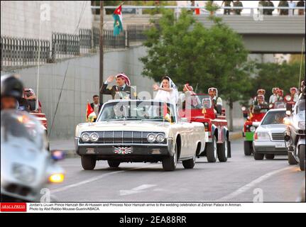 Jordaniens Kronprinz Hamzah bin Al-Hussein und Prinzessin Noor Hamzah kommen zur Hochzeitsfeier im Zahran Palast in Amman. Foto von Abd Rabbo-Mousse-Guerin/ABACA. Stockfoto