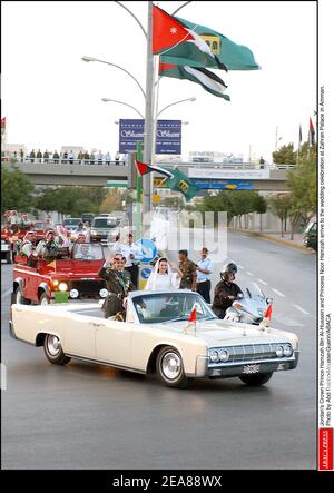 Jordaniens Kronprinz Hamzah bin Al-Hussein und Prinzessin Noor Hamzah kommen zur Hochzeitsfeier im Zahran Palast in Amman. Foto von Abd Rabbo-Mousse-Guerin/ABACA. Stockfoto