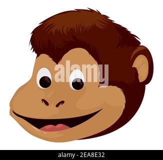 Niedlicher und lächelnder Affenkopf mit braunem Haar, isoliert auf weißem Hintergrund. Stock Vektor