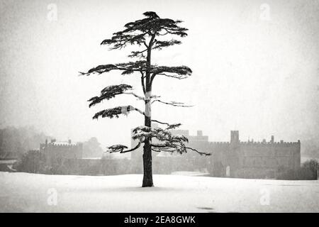 Leeds Castle Kent in Snowstorm Stockfoto