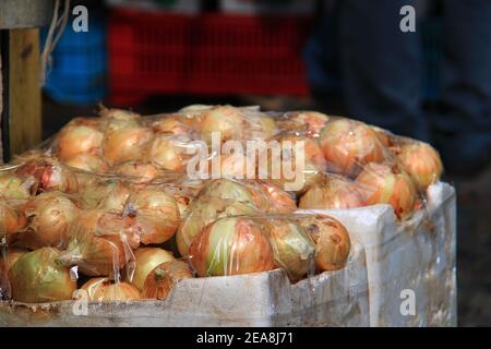 Eine Schachtel mit runden Zwiebeln in einem Lebensmittelgeschäft. Stockfoto