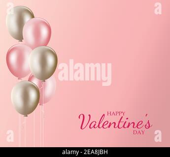 Happy Valentinstag rosa Hintergrund mit rosa und goldenen Ballons Vektor-Illustration. Valentinstag mit Copy Space Hintergrund. Stock Vektor