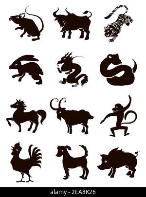 Schwarze Silhouetten, die die zwölf Tiere des chinesischen Tierkreises darstellen: Ochse, Tiger, Kaninchen, Drache, Schlange, Pferd, Ziege, Affe, Hahn, Hund und Schwein. Stock Vektor