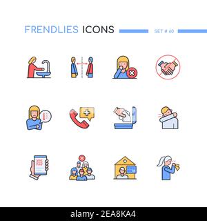 Coronavirus Protective Measures - Linie Design Stil Symbole gesetzt. Hände waschen, soziale Distanzierung, Berührung des Gesichts vermeiden, kein Händeschütteln, gebrauchter Stoff entsorgen, Stock Vektor