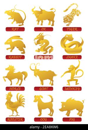 Set mit den chinesischen Tierkreiszeichen in goldenen Silhouetten: Ratte; Ochse, Tiger, Kaninchen, Drache, Schlange, Pferd, Ziege, Affe, Hahn, Hund und Schwein. Stock Vektor