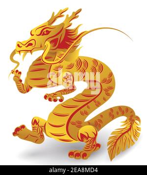 Beeindruckender Drache des chinesischen Tierkreises mit langen Schnurrhaaren, Krallen, gefiederten Schwanz und stehen auf seinen Hinterbeinen, verziert mit Blumen, Linien, golden und Stock Vektor