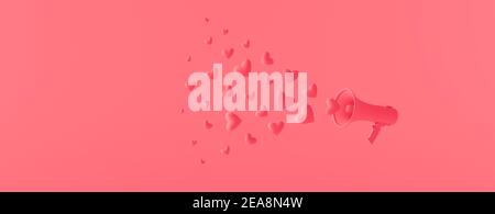 Rotes Megaphon mit pastellfarbenen Herzen minimalem Hintergrund. Speech of Love Concept 3D Render 3D Illustration Stockfoto
