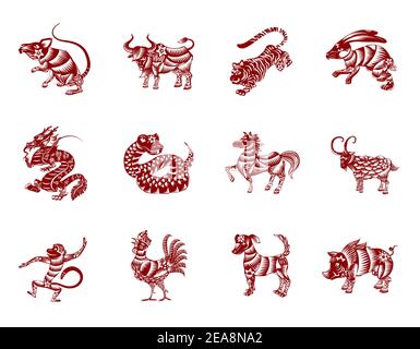 Set der zwölf chinesischen Tierkreiszeichen in Silhouetten, Linien, Blumen, roten und weißen Farben: Ratte; Ochse, Tiger, Kaninchen, Drache, Schlange, Pferd, Ziege, Mon Stock Vektor