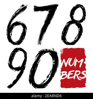 Handgezeichneter Satz von Zahlen im Pinselstrich-Stil in schwarzer Farbe: Sechs, sieben, acht, neun und Null. Isoliert auf weißem Hintergrund. Stock Vektor