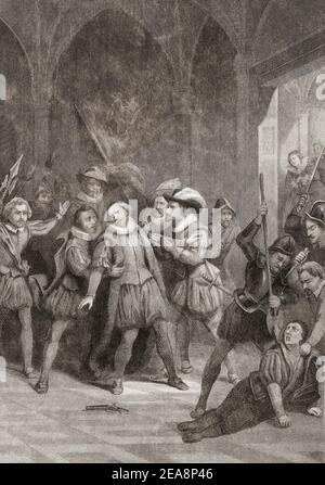 Attentat auf William, Prinz von Oranien von Juan de Jáuregui in Antwerpen, 18. März 1582. Juan de Jáuregui wurde von den Wachen des Prinzen getötet. William überlebte diesen Versuch nur zwei Jahre später, am 10. Juli 1584, ermordet zu werden. Wilhelm von Orange, 1533 - 1584. Nach einem 19th. Jahrhundert Werk von Jan Reckleben. Stockfoto