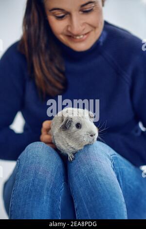 Brunette glücklich Frau hält ein graues Meerschweinchen sitzend auf Ihre Knie schauten auf die Kamera Stockfoto