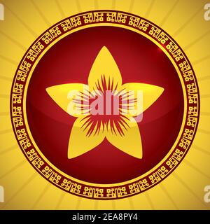 Goldene Kirschblüte Silhouette innen rot runden Knopf, mit chinesischen Rahmen Muster über gelben Hintergrund verziert. Stock Vektor