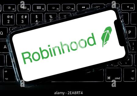 Robinhood Investments App für Investitionen in Aktien und Aktien auf einem Handy. (Nur für redaktionelle Zwecke) Stockfoto