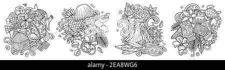 Hawaii Cartoon Vektor Doodle Designs Set. Stock Vektor