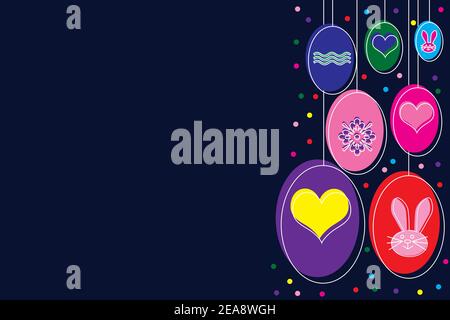 Memphis Stil Ostern Hintergrund Illustration mit hängenden Eiern mit Herzen und Hasen vor einem dunkelblauen Hintergrund dekoriert. Stockfoto