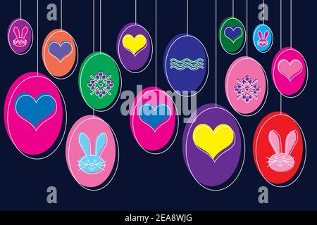 Memphis Stil Ostern Hintergrund Illustration mit hängenden Eiern mit Herzen und Hasen vor einem dunkelblauen Hintergrund dekoriert. Stockfoto
