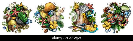 Hawaii Cartoon Vektor Doodle Designs Set. Stock Vektor