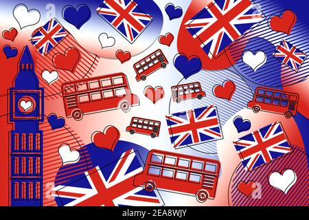 Memphis Stil Hintergrund Illustration von London, Großbritannien mit Big ben, Union Jack Flagge und Doppeldeckerbus in rot, weiß und blau Farben. Stockfoto