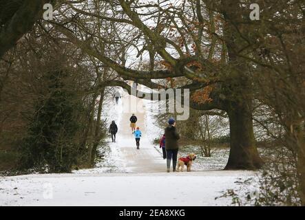 London, Großbritannien. 8th. Februar 2021. Winterliche Szenen auf Parliament Hill, im Norden Londons, als Storm Darcy die Hauptstadt mit The Beast from the East 2 am 8th 2021. Februar in Großbritannien trifft. Monica Wells/Alamy Live News Stockfoto