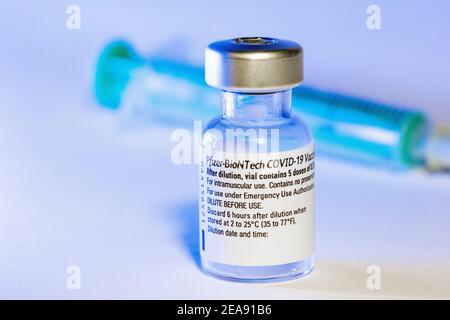 Injektionsflasche des Corona Impffstoffs von Pizer-BioNTech - Symbolbild Stockfoto