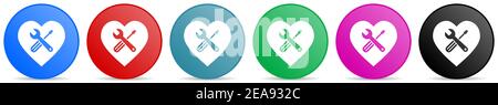Werkzeuge in Herzform Vektor-Icons, Satz von Kreis Gradienten Tasten in 6 Farben Optionen für webdesign und mobile Anwendungen Stock Vektor