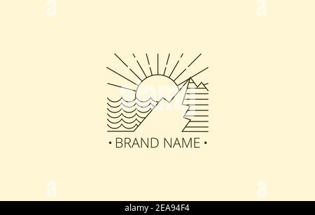 Moderne Mountain Sea und Sun Line Art Vintage Logo Vorlage Geeignet für persönliche oder geschäftliche Firmenmarke Stock Vektor