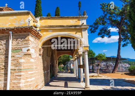 Blick vom Vlatadon Kloster-Hügel byzantinischen Tempel mit Blick auf die Stadt, Jahrhunderte alte Fresken, Ikonen & religiöse Schätze.Thessaloniki, Griechenland Stockfoto