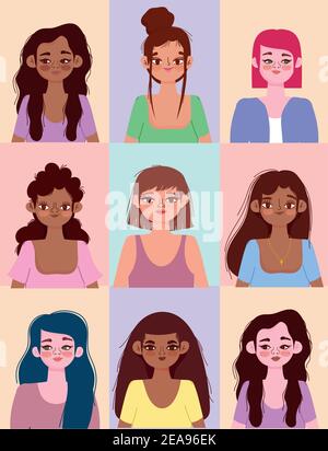 Diversity Frauen verschiedenen Nationalitäten und Kulturen, verschiedene Avatare Vektor-Illustration Stock Vektor